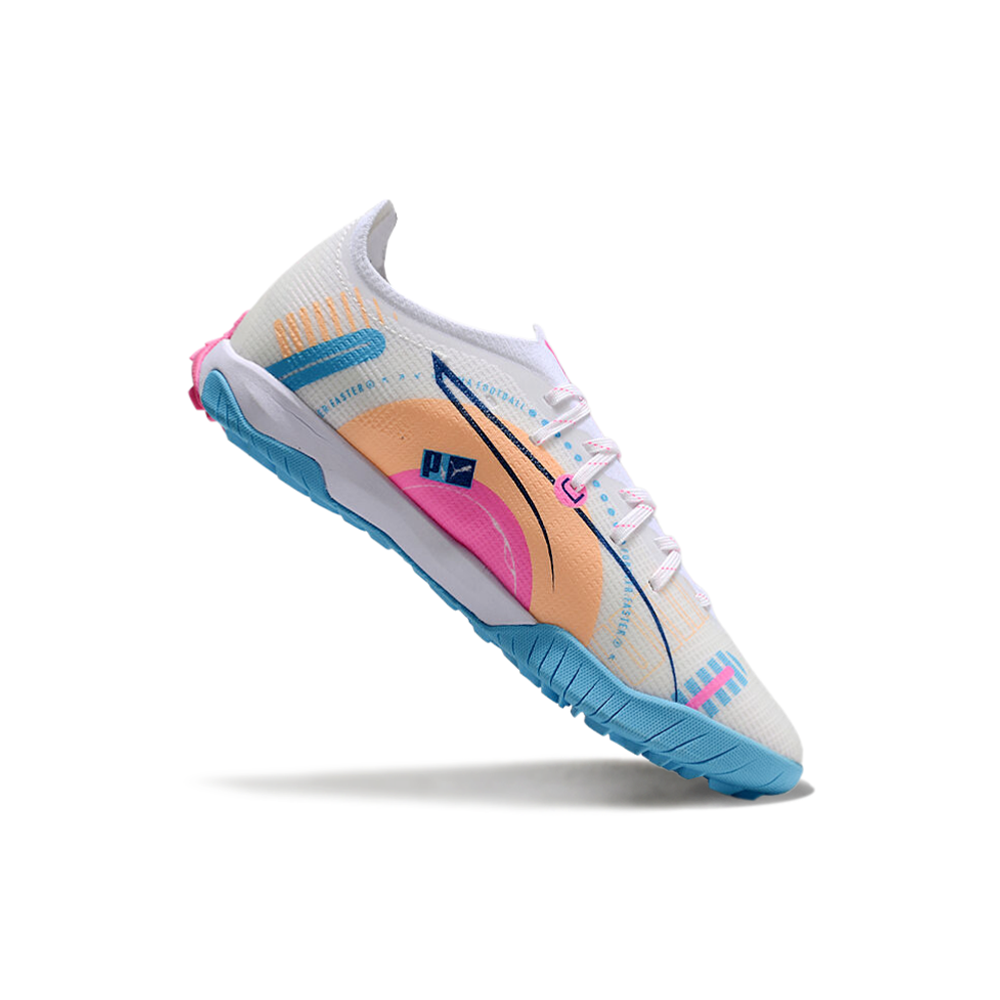 Chuteira Society Puma Ultra 5 Ultimate TF Branca e Azul 