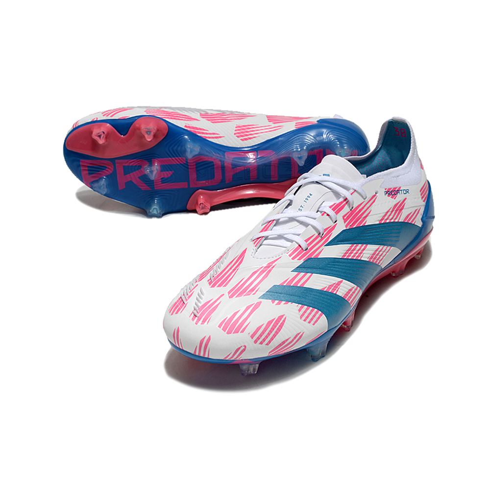 Chuteira Campo Adidas Predator Elite FG Branca, Azul e Rosa 