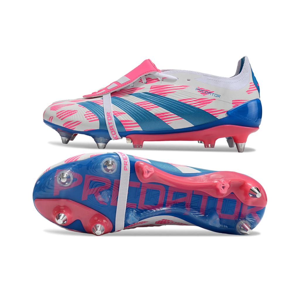 Chuteira Campo Adidas Predator Elite FT 30 Ponta de Aluminio Branca, Azul e Rosa 