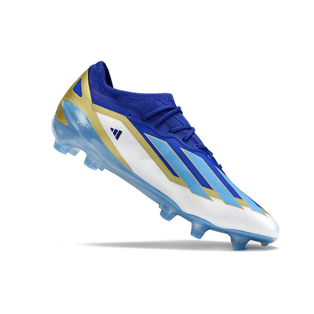 Chuteira Campo Adidas X Crazyfast Messi+ FG Azul, Branco e Dourado 