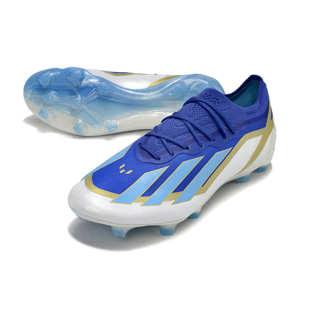 Chuteira Campo Adidas X Crazyfast Messi+ FG Azul, Branco e Dourado 