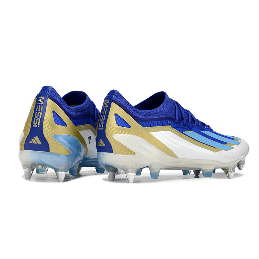 Chuteira Campo Adidas X Crazyfast Messi.1 Ponta de Aluminio Azul, Branco e Dourado 