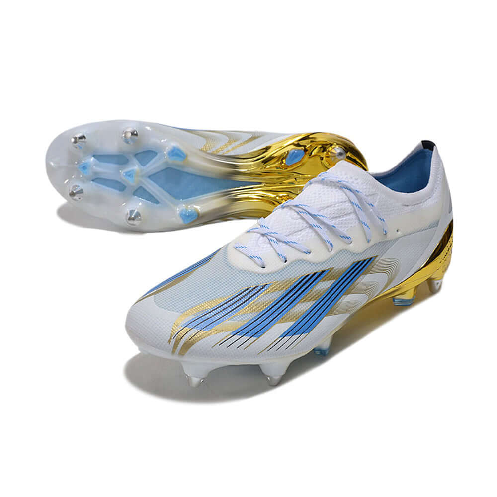 Chuteira Campo Adidas X CrazyFast Messi.1 Ponta de Aluminio Branca, Azul e Dourada 