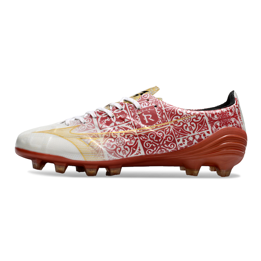 Chuteira Campo Mizuno Alpha FG Branca, Vermelho e Dourado 