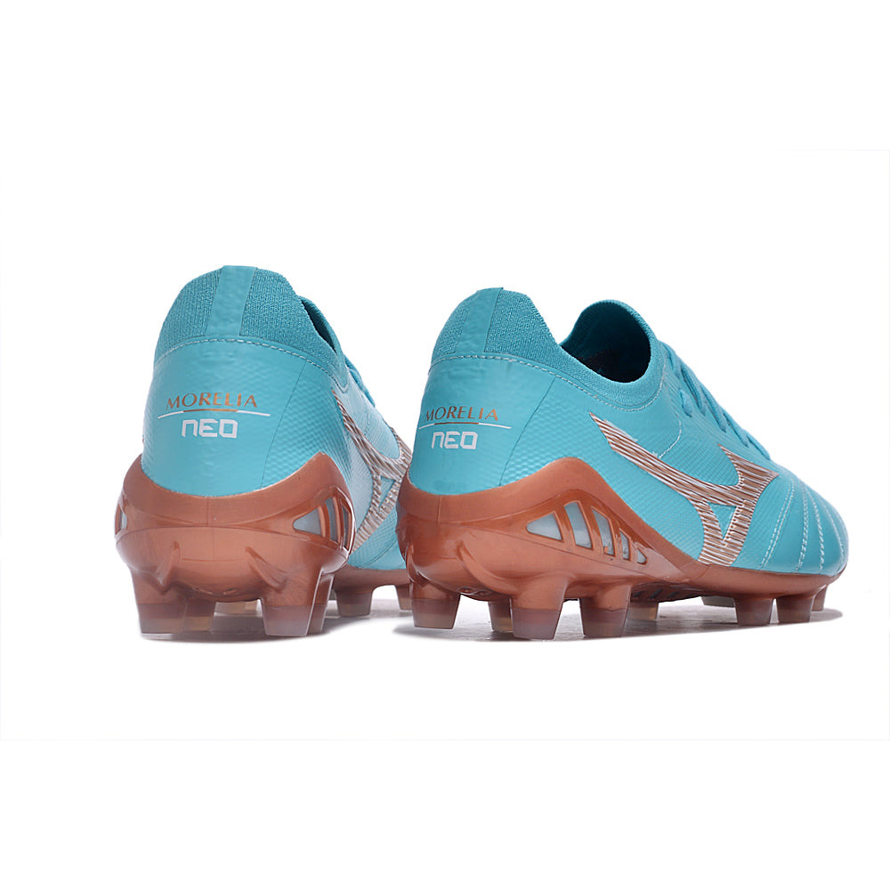 Chuteira Campo Mizuno Morelia Neo 3 FG Azul e Bronze 
