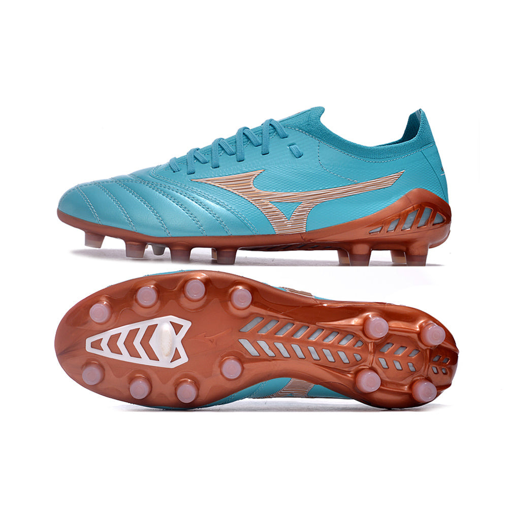 Chuteira Campo Mizuno Morelia Neo 3 FG Azul e Bronze 