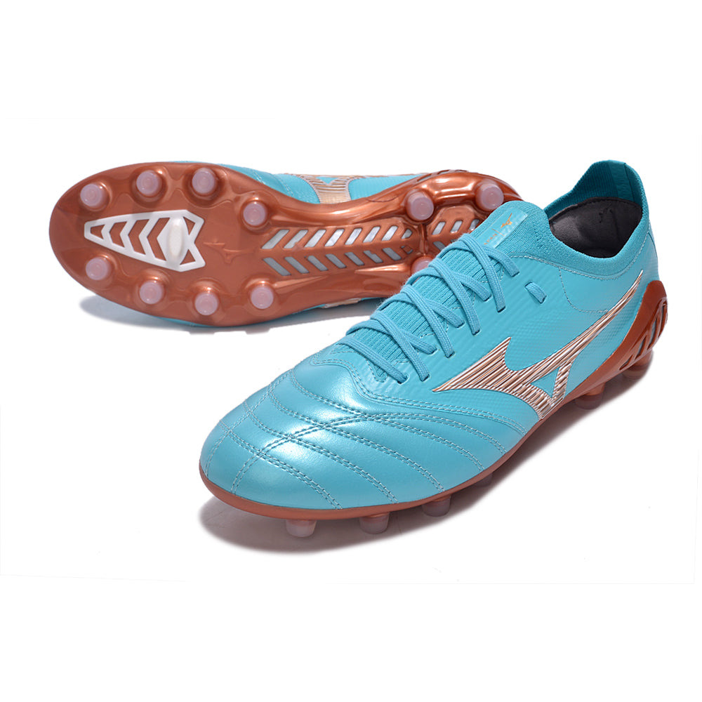 Chuteira Campo Mizuno Morelia Neo 3 FG Azul e Bronze 