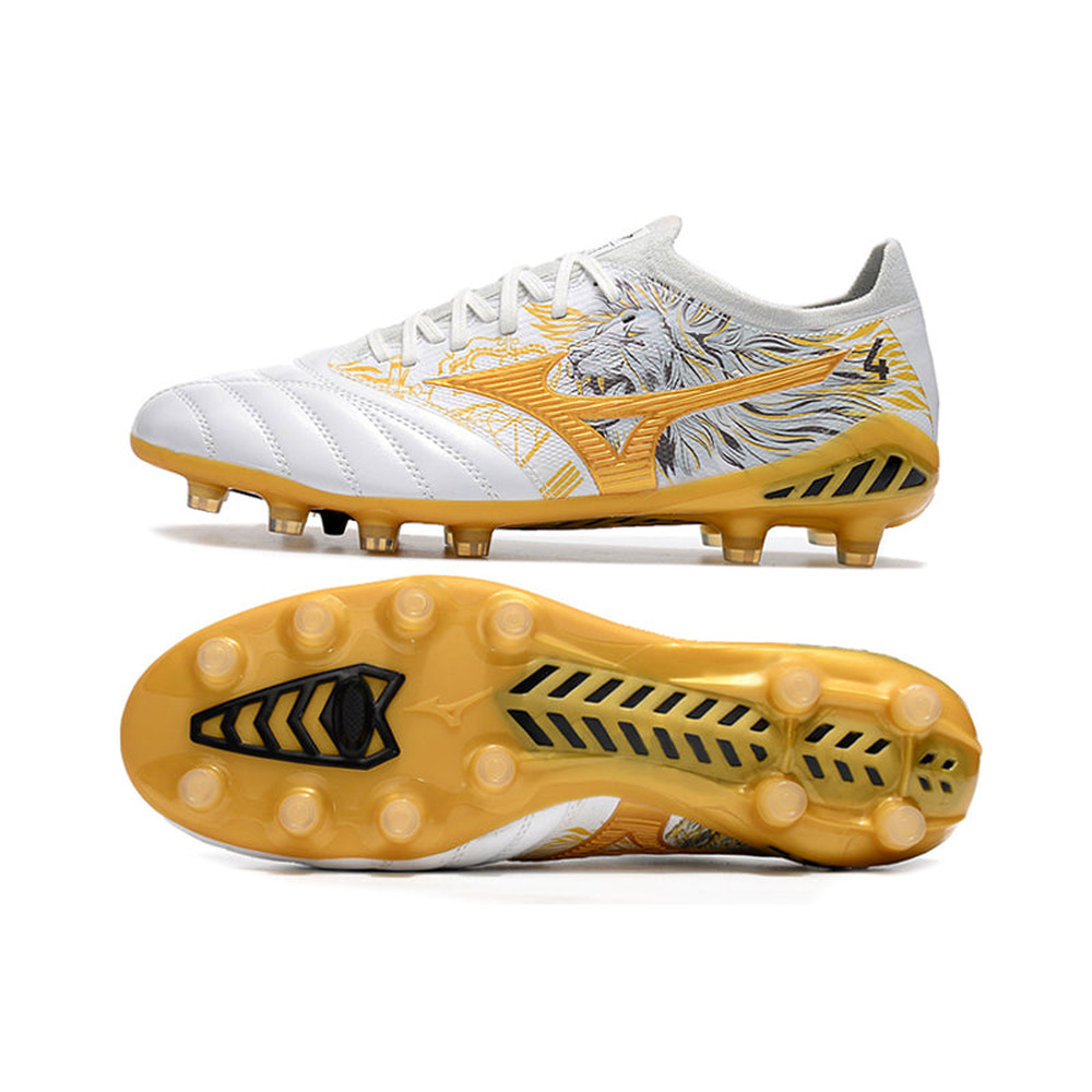 Chuteira Campo Mizuno Morelia Neo 3 FG Branca e Dourada 