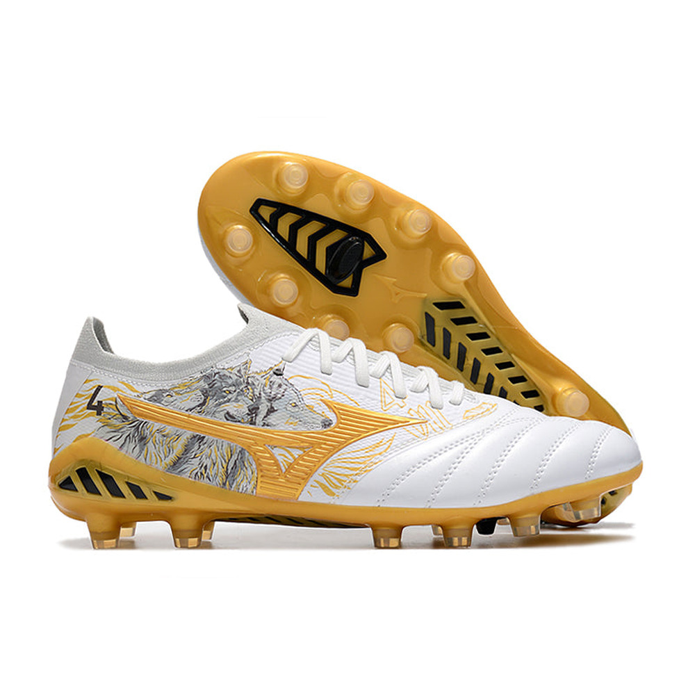 Chuteira Campo Mizuno Morelia Neo 3 FG Branca e Dourada 
