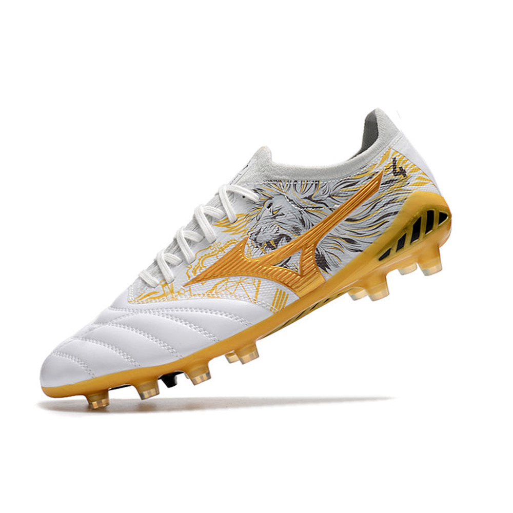 Chuteira Campo Mizuno Morelia Neo 3 FG Branca e Dourada 