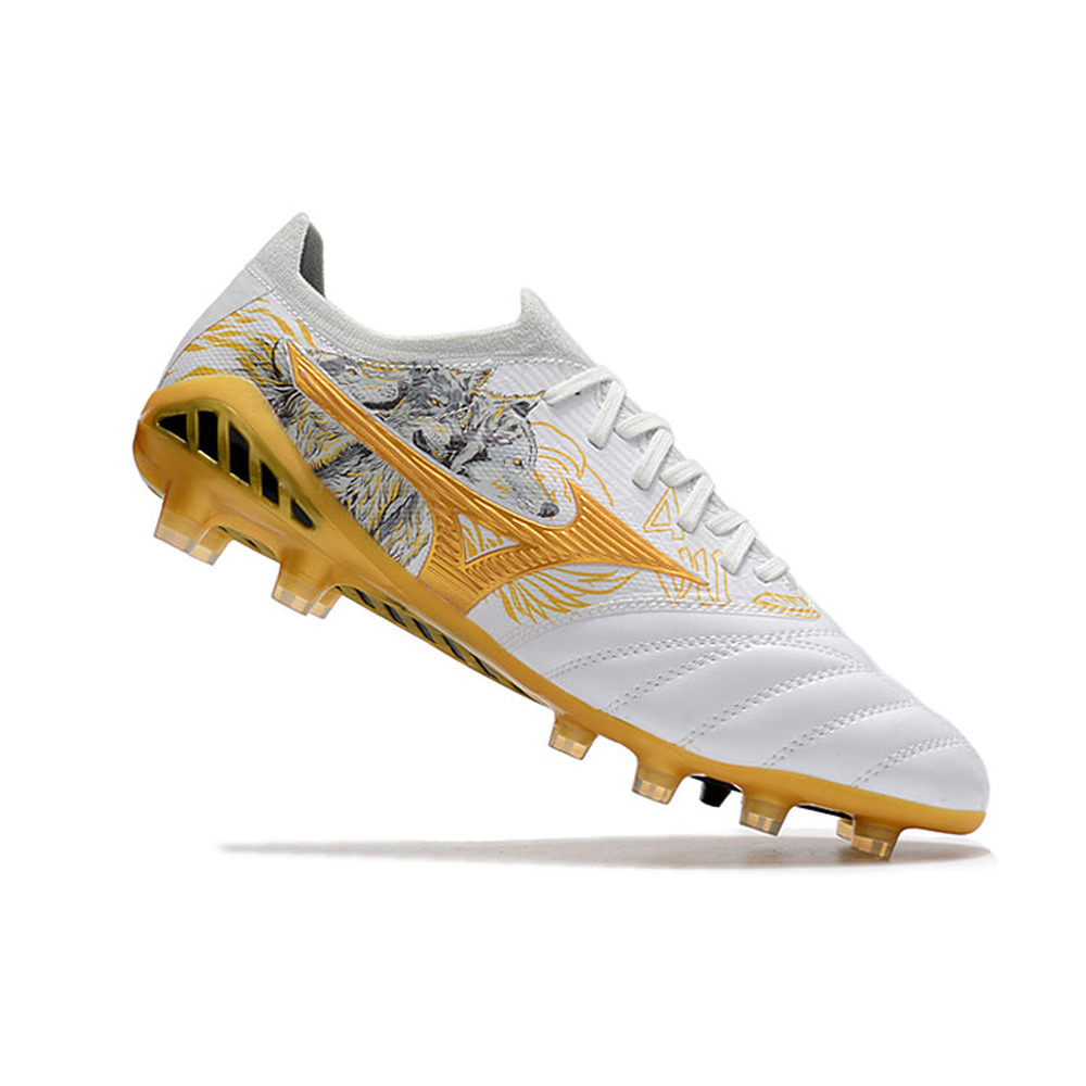 Chuteira Campo Mizuno Morelia Neo 3 FG Branca e Dourada 