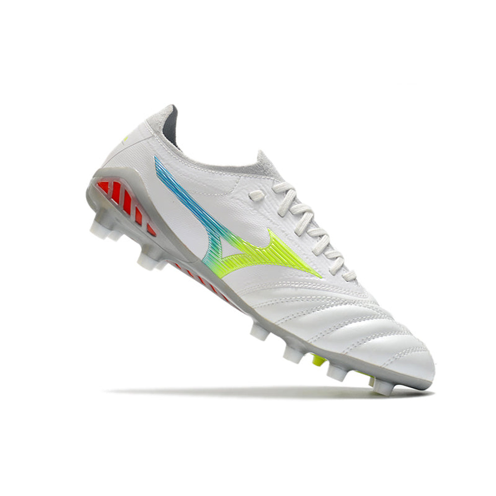 Chuteira Campo Mizuno Morelia Neo 3 FG Branca, Azul e Verde