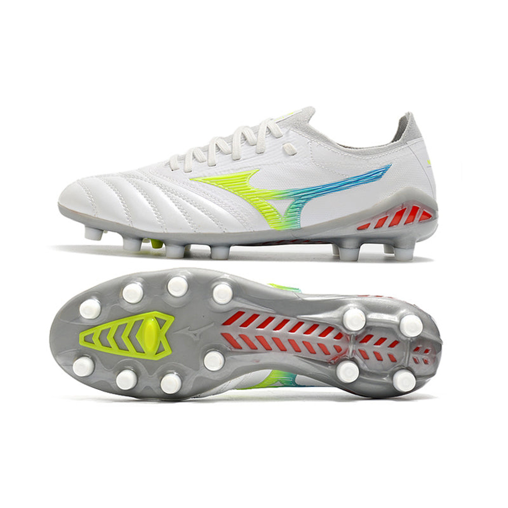 Chuteira Campo Mizuno Morelia Neo 3 FG Branca, Azul e Verde