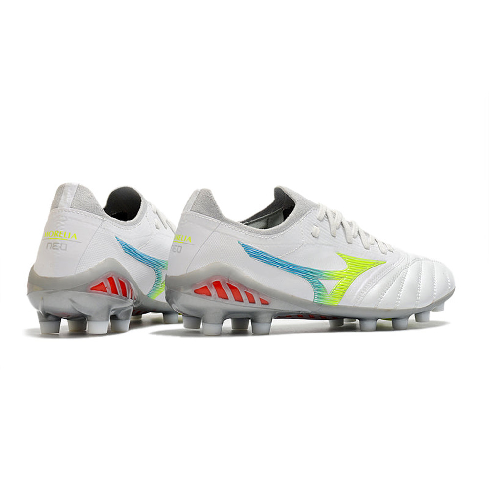 Chuteira Campo Mizuno Morelia Neo 3 FG Branca, Azul e Verde
