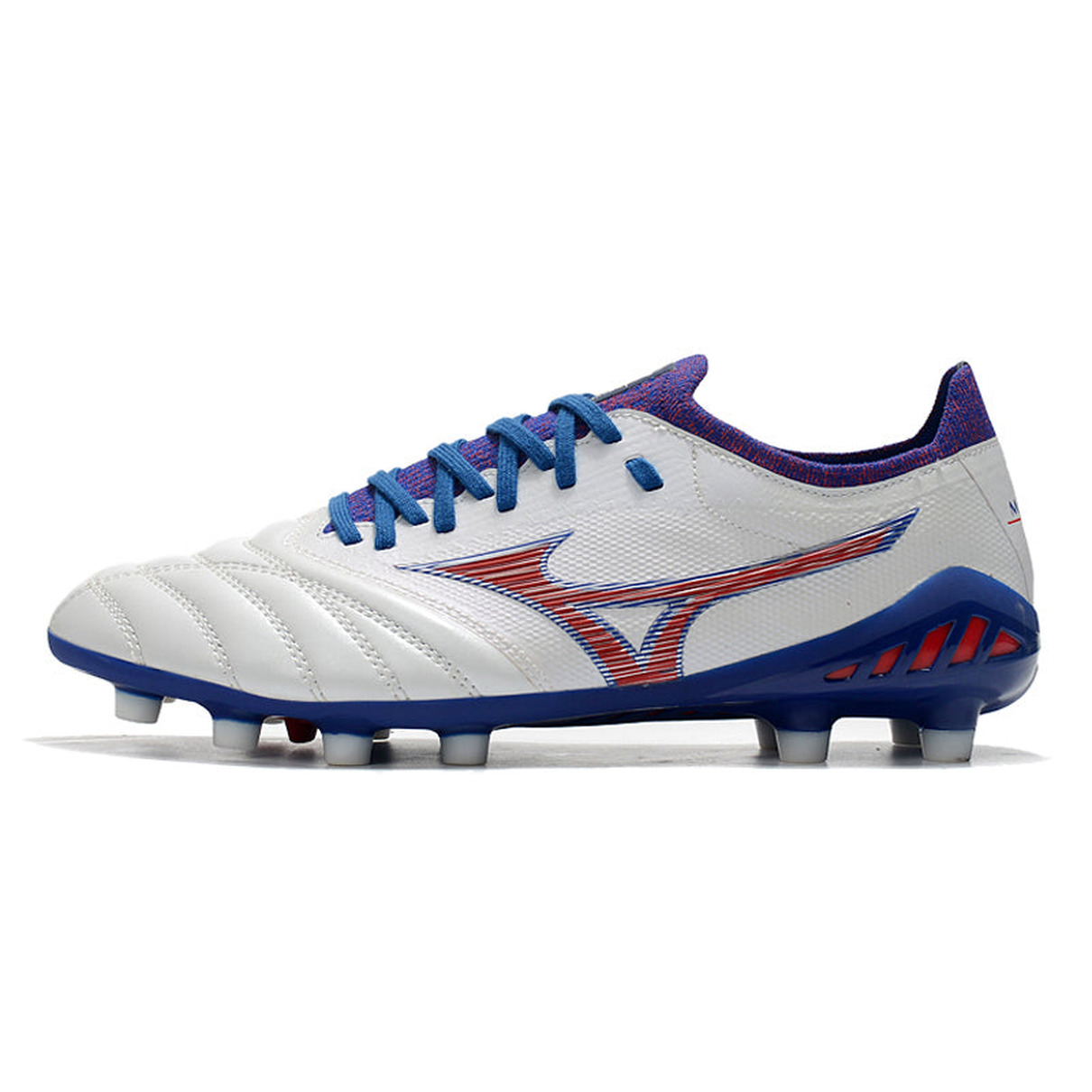 Chuteira Campo Mizuno Morelia Neo 3 FG Branca, Azul e Vermelha