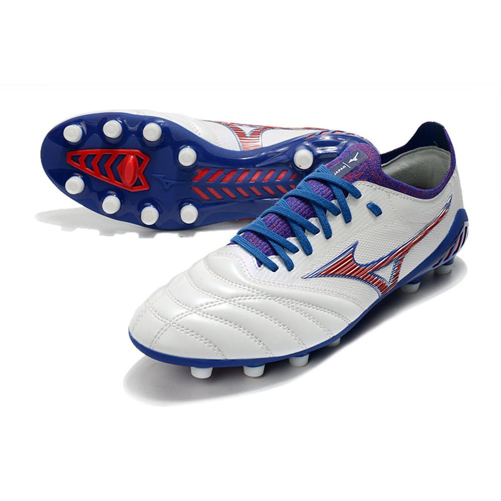 Chuteira Campo Mizuno Morelia Neo 3 FG Branca, Azul e Vermelha