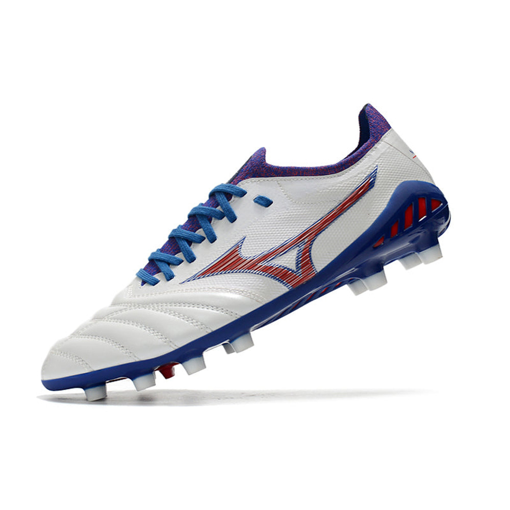 Chuteira Campo Mizuno Morelia Neo 3 FG Branca, Azul e Vermelha