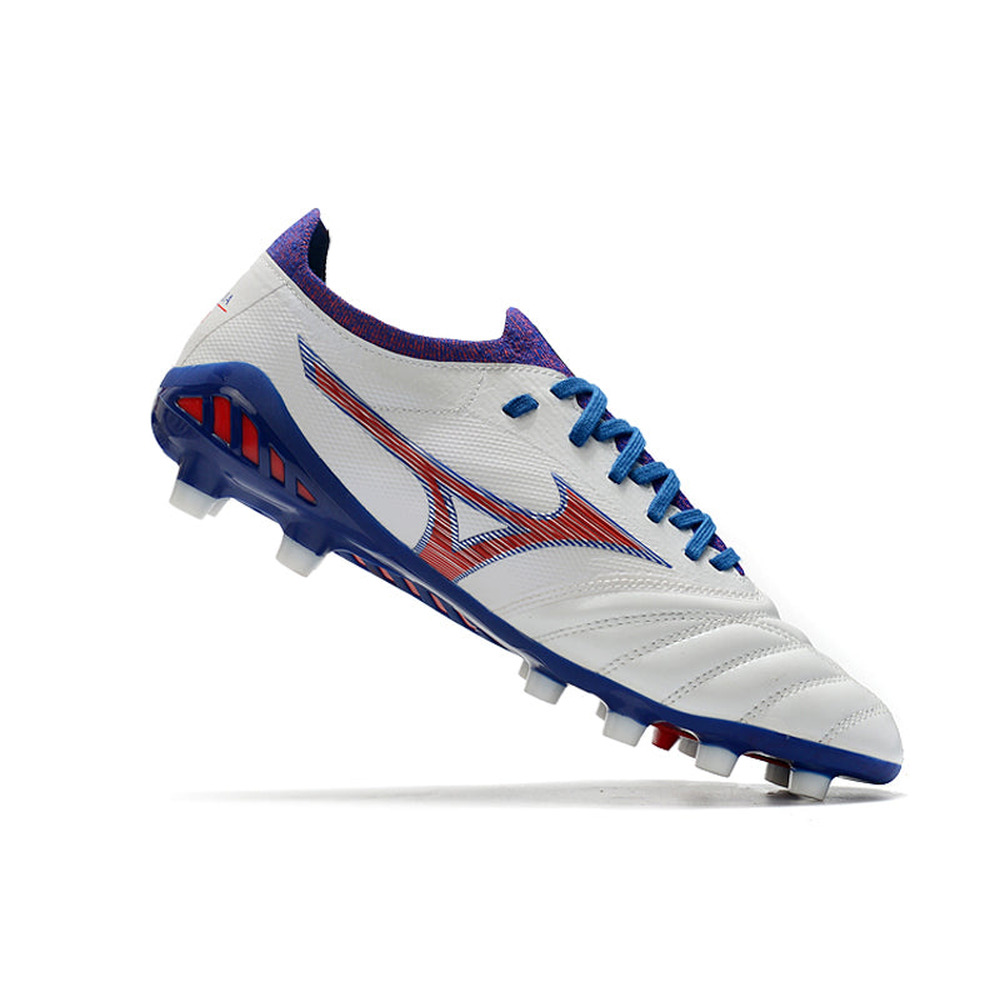 Chuteira Campo Mizuno Morelia Neo 3 FG Branca, Azul e Vermelha