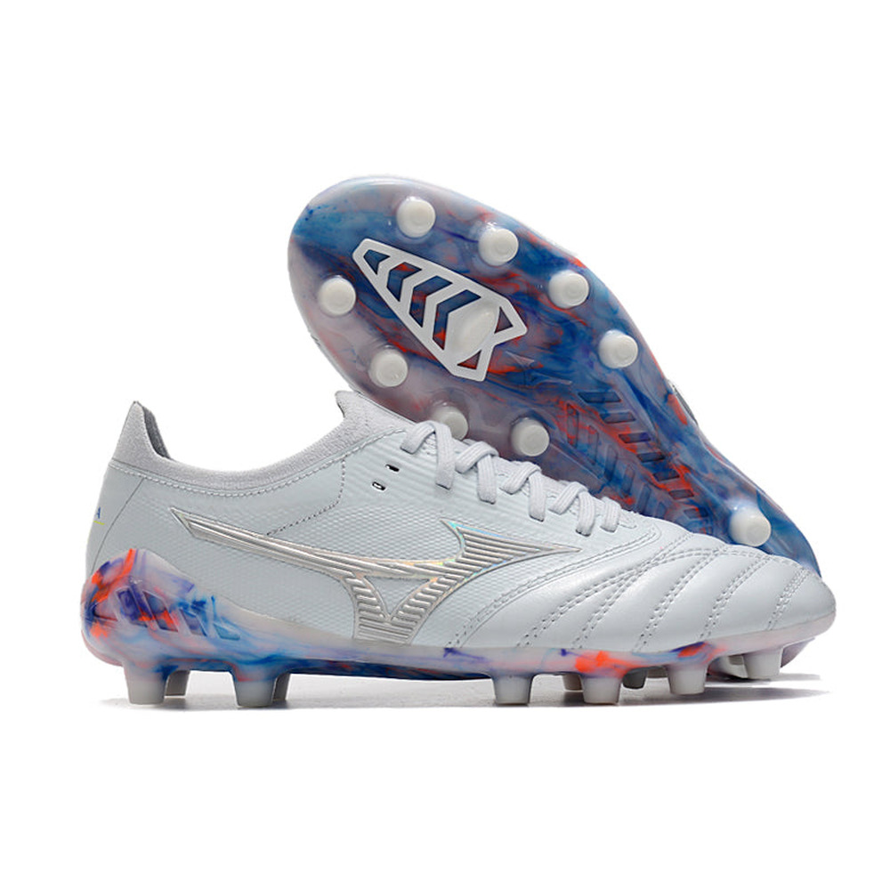 Chuteira Campo Mizuno Morelia Neo 3 FG Branca, Prata e Azul