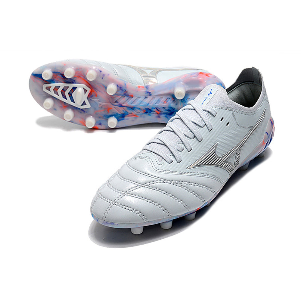 Chuteira Campo Mizuno Morelia Neo 3 FG Branca, Prata e Azul