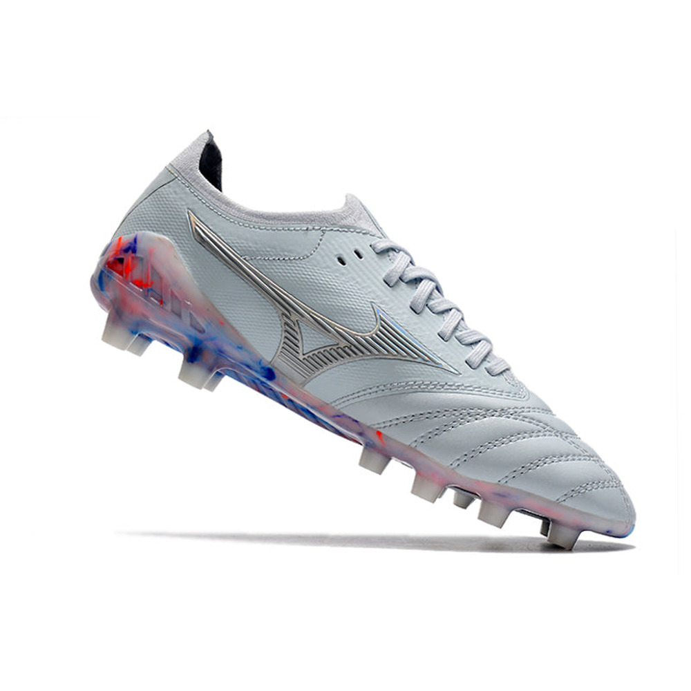 Chuteira Campo Mizuno Morelia Neo 3 FG Branca, Prata e Azul