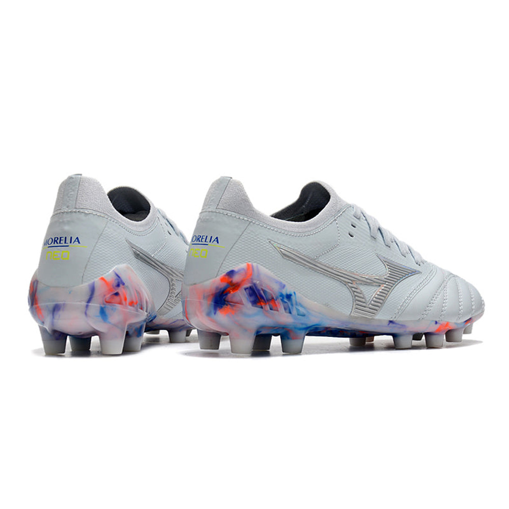 Chuteira Campo Mizuno Morelia Neo 3 FG Branca, Prata e Azul