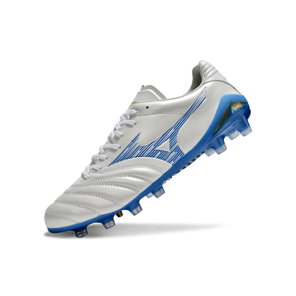 Chuteira Campo Mizuno Morelia Neo 4 Beta FG Branca e Azul 