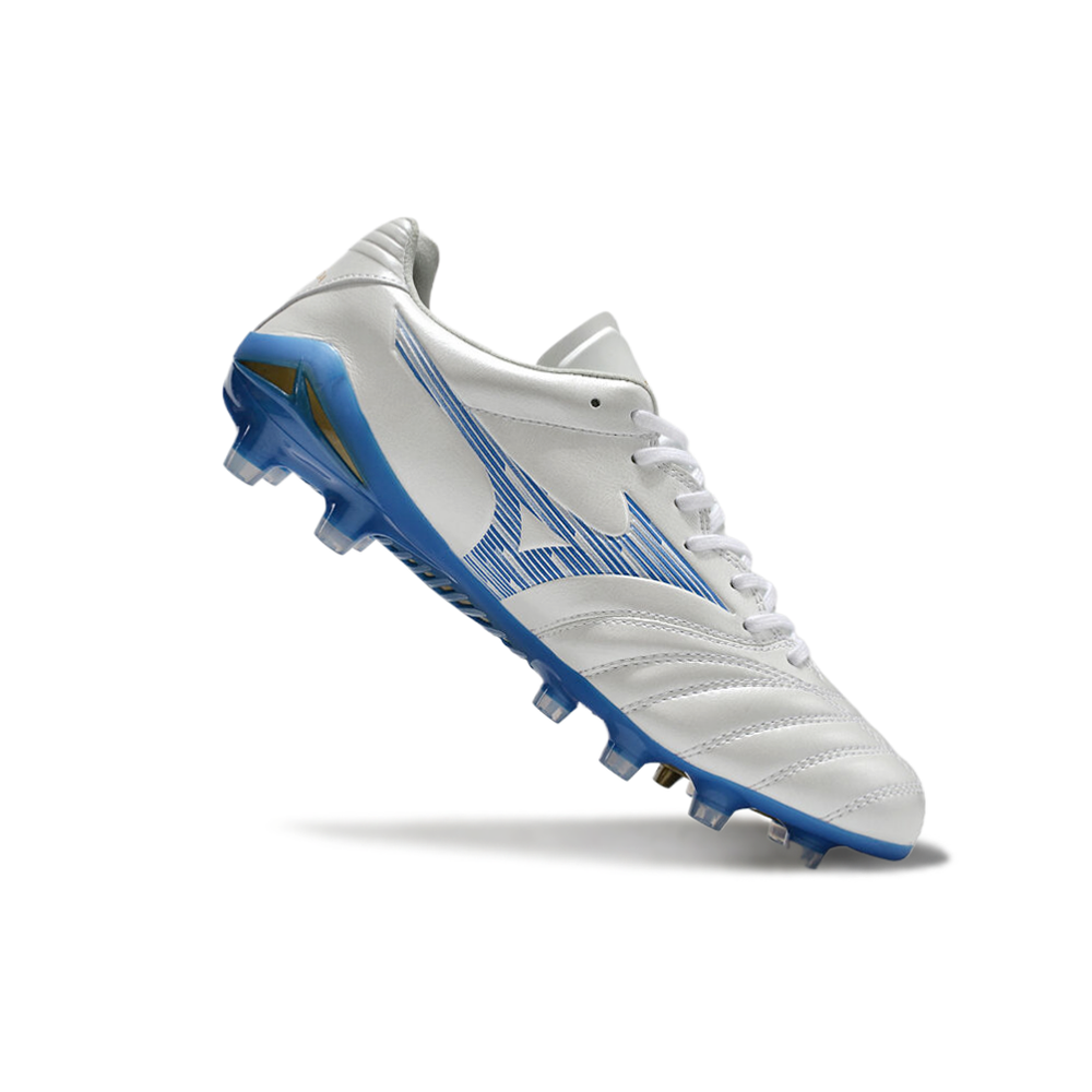 Chuteira Campo Mizuno Morelia Neo 4 Beta FG Branca e Azul 