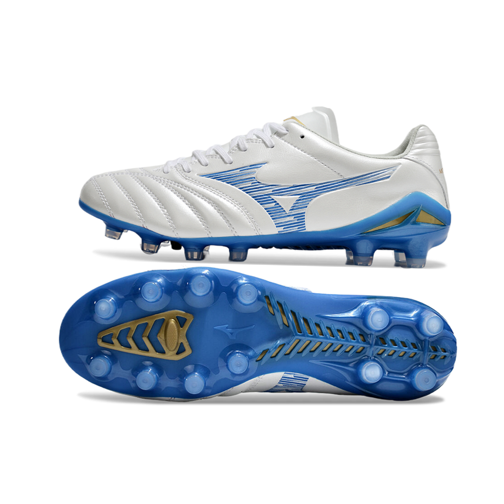 Chuteira Campo Mizuno Morelia Neo 4 Beta FG Branca e Azul 