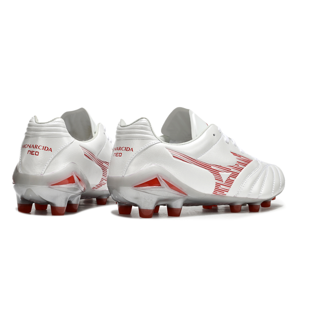 Chuteira Campo Mizuno Morelia Neo 4 Beta FG Branca e Vermelha 