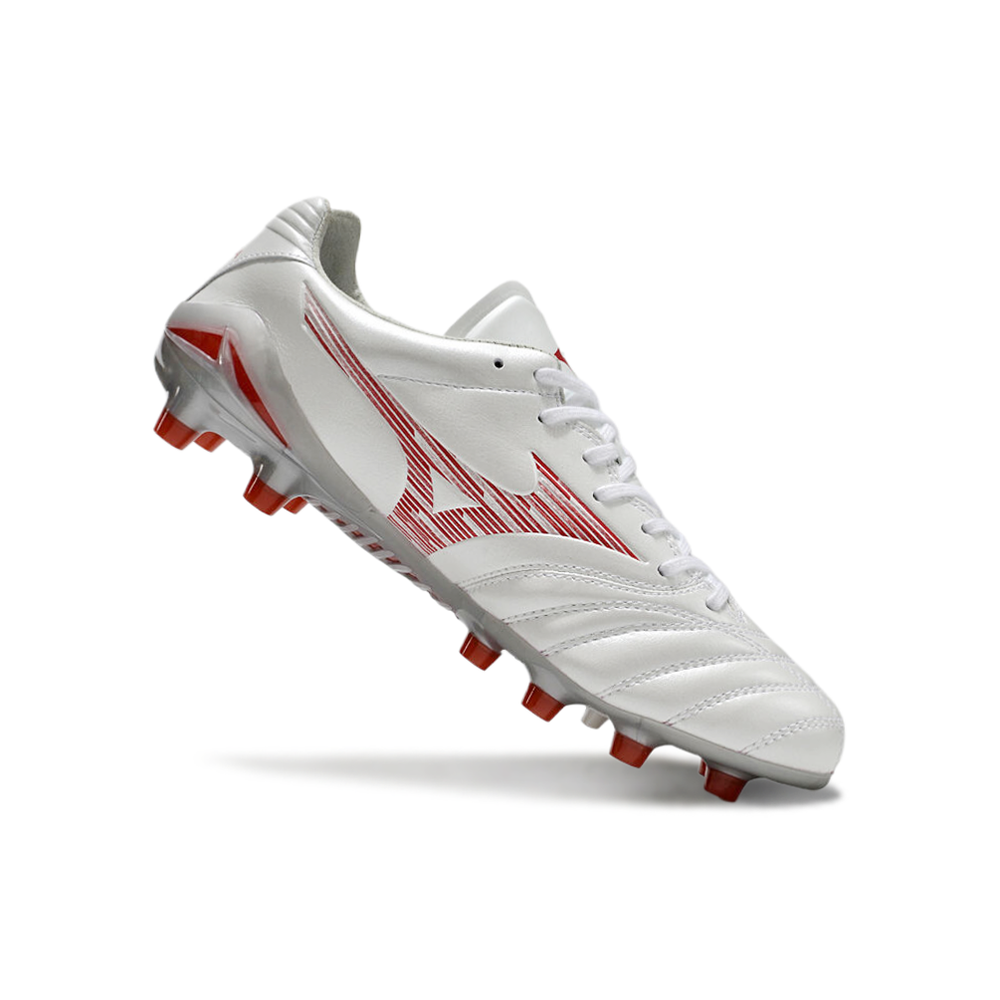 Chuteira Campo Mizuno Morelia Neo 4 Beta FG Branca e Vermelha 