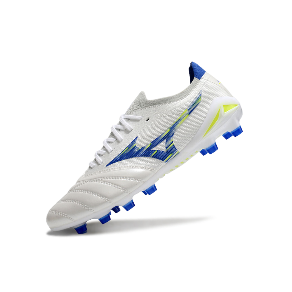 Chuteira Campo Mizuno Morelia Neo 4 Beta FG Branca, Azul e Verde
