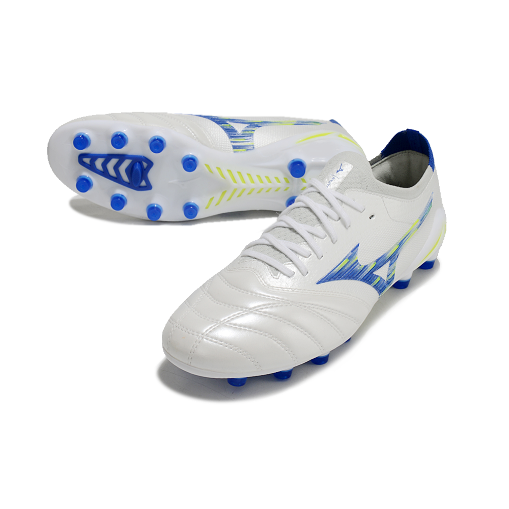 Chuteira Campo Mizuno Morelia Neo 4 Beta FG Branca, Azul e Verde