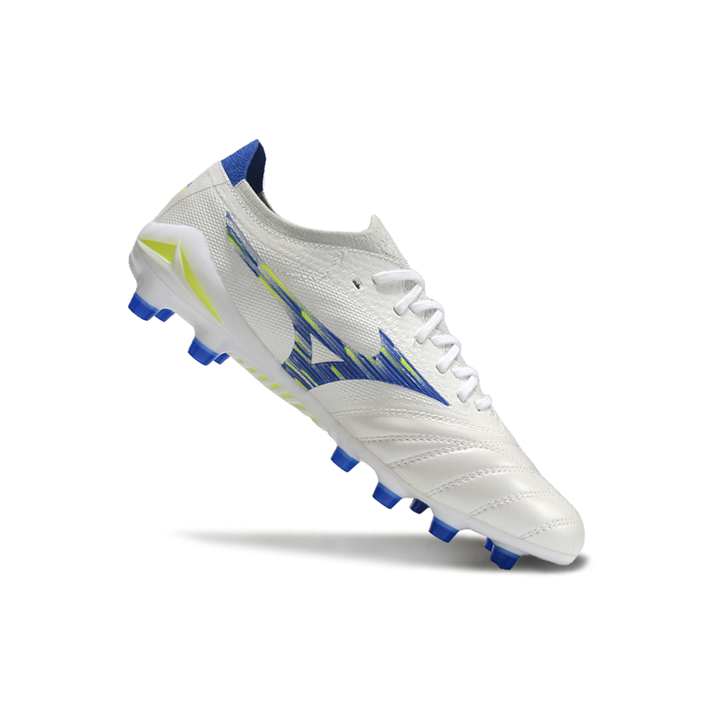 Chuteira Campo Mizuno Morelia Neo 4 Beta FG Branca, Azul e Verde