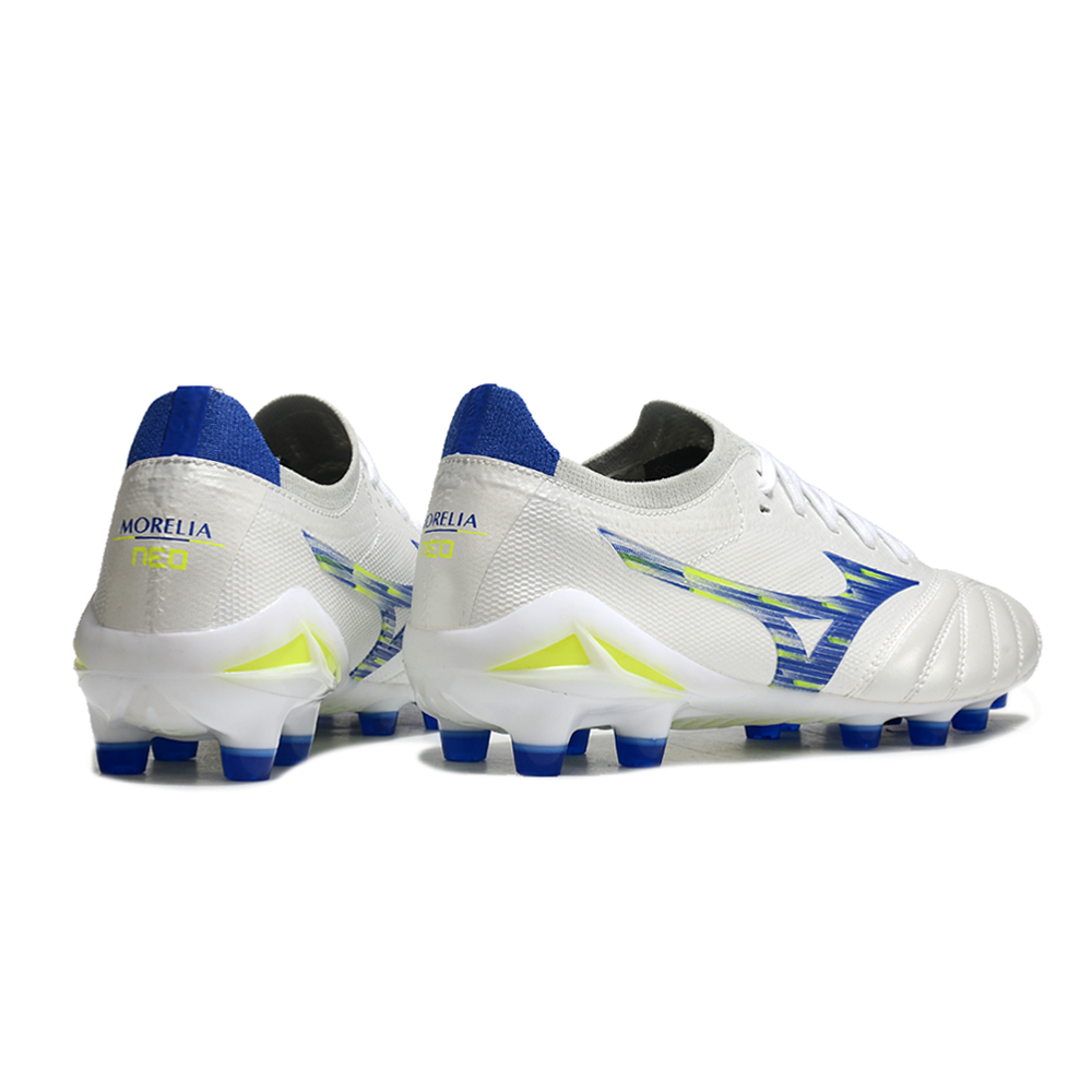 Chuteira Campo Mizuno Morelia Neo 4 Beta FG Branca, Azul e Verde