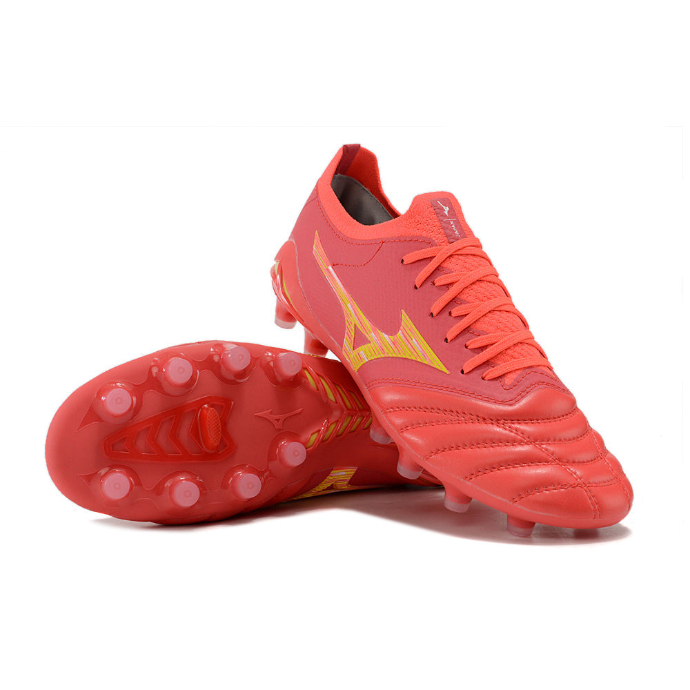 Chuteira Campo Mizuno Morelia Neo 4 Beta FG Vermelha e Dourada 