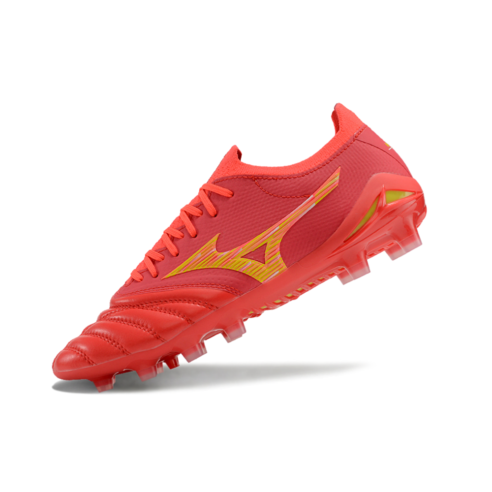 Chuteira Campo Mizuno Morelia Neo 4 Beta FG Vermelha e Dourada 