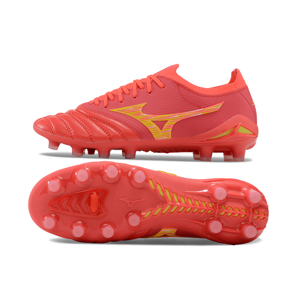 Chuteira Campo Mizuno Morelia Neo 4 Beta FG Vermelha e Dourada 