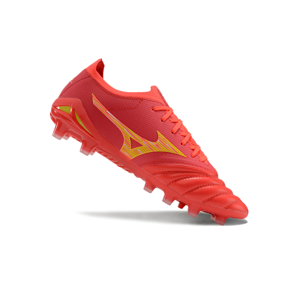 Chuteira Campo Mizuno Morelia Neo 4 Beta FG Vermelha e Dourada 