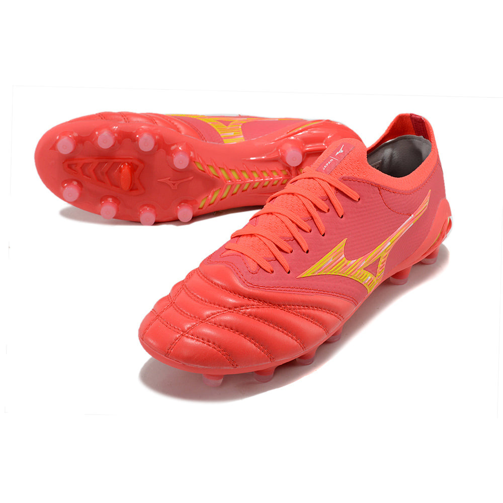 Chuteira Campo Mizuno Morelia Neo 4 Beta FG Vermelha e Dourada 