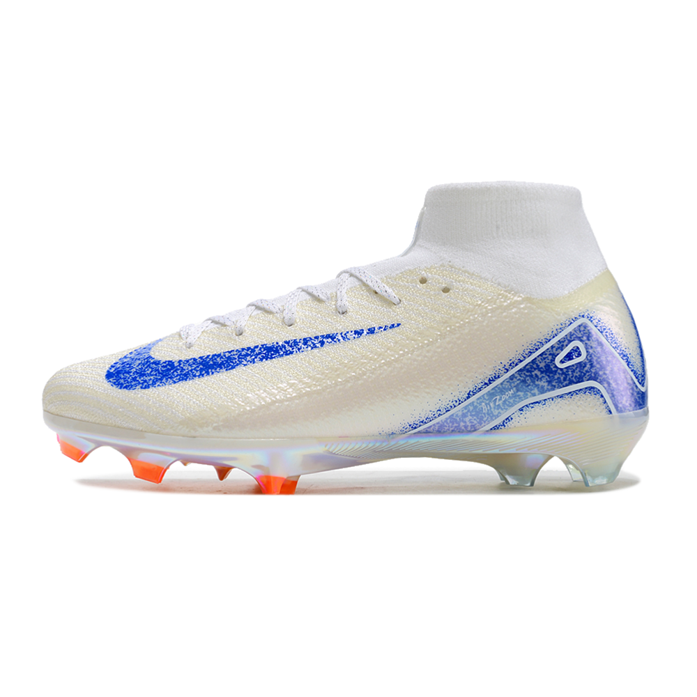 Chuteira Campo Nike Air Zoom Mercurial Superfly 10 Elite FG Branca, Azul e Laranja 
