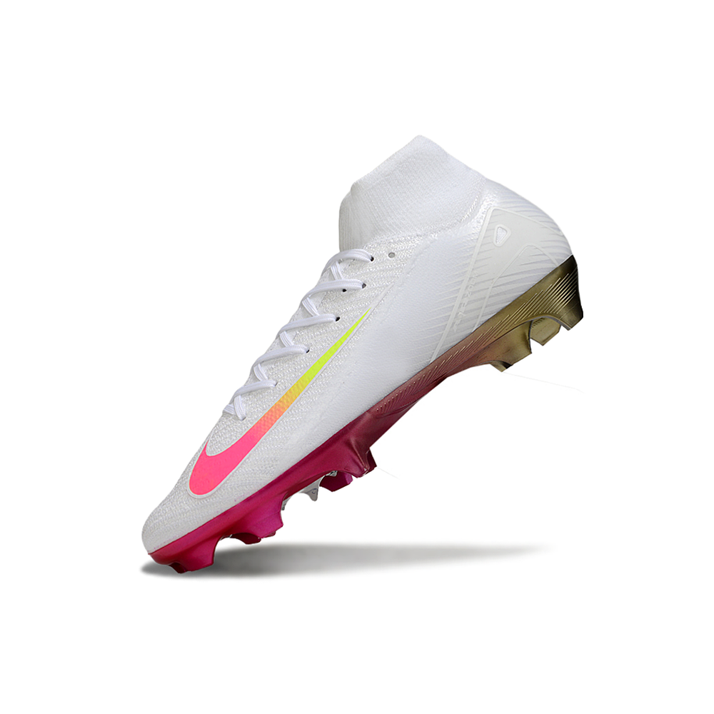 Chuteira Campo Nike Air Zoom Mercurial Superfly 10 Elite FG Branca, Rosa e Amarelo