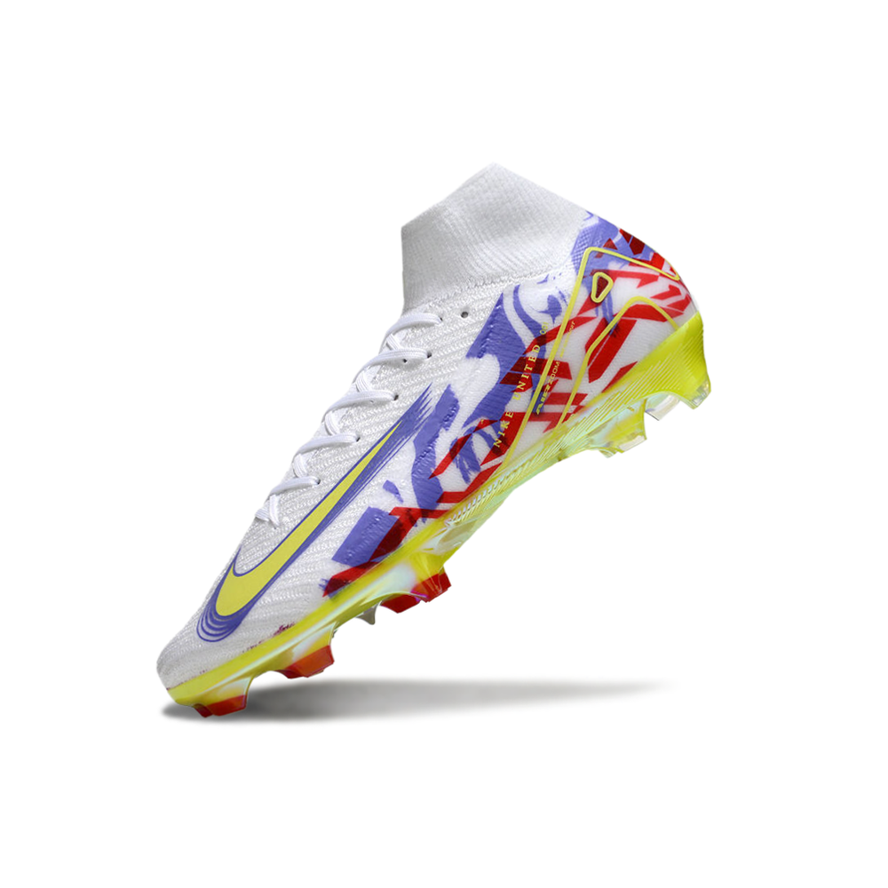 Chuteira Campo Nike Air Zoom Mercurial Superfly 10 Elite FG Branca, Roxo, Verde e Vermelho