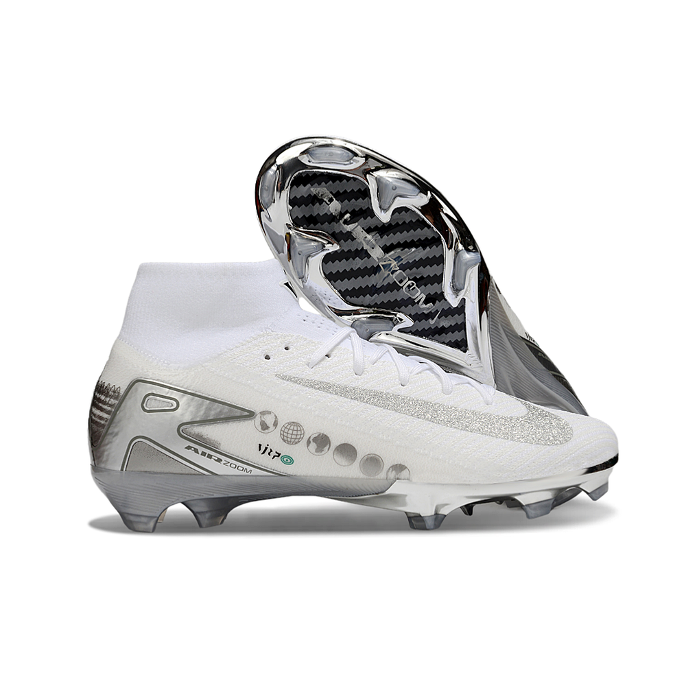 Chuteira Campo Nike Air Zoom Mercurial Superfly 10 Elite FG Branco e Prata