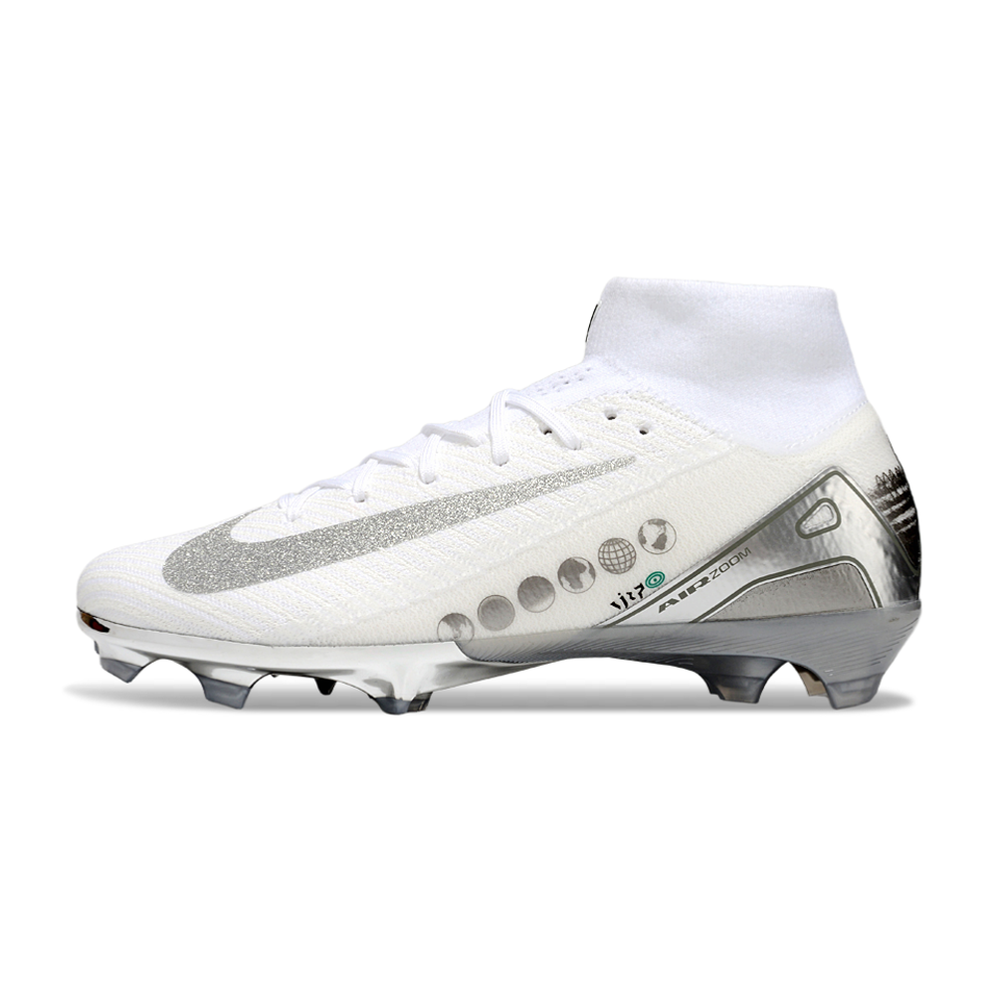 Chuteira Campo Nike Air Zoom Mercurial Superfly 10 Elite FG Branco e Prata