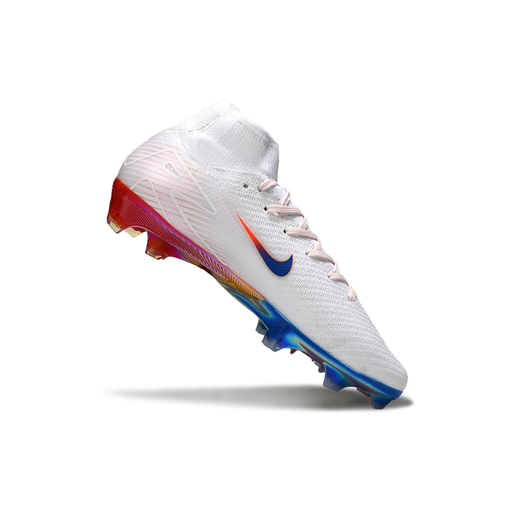 Chuteira Campo Nike Air Zoom Mercurial Superfly 10 Elite FG Branco, Azul e Laranja